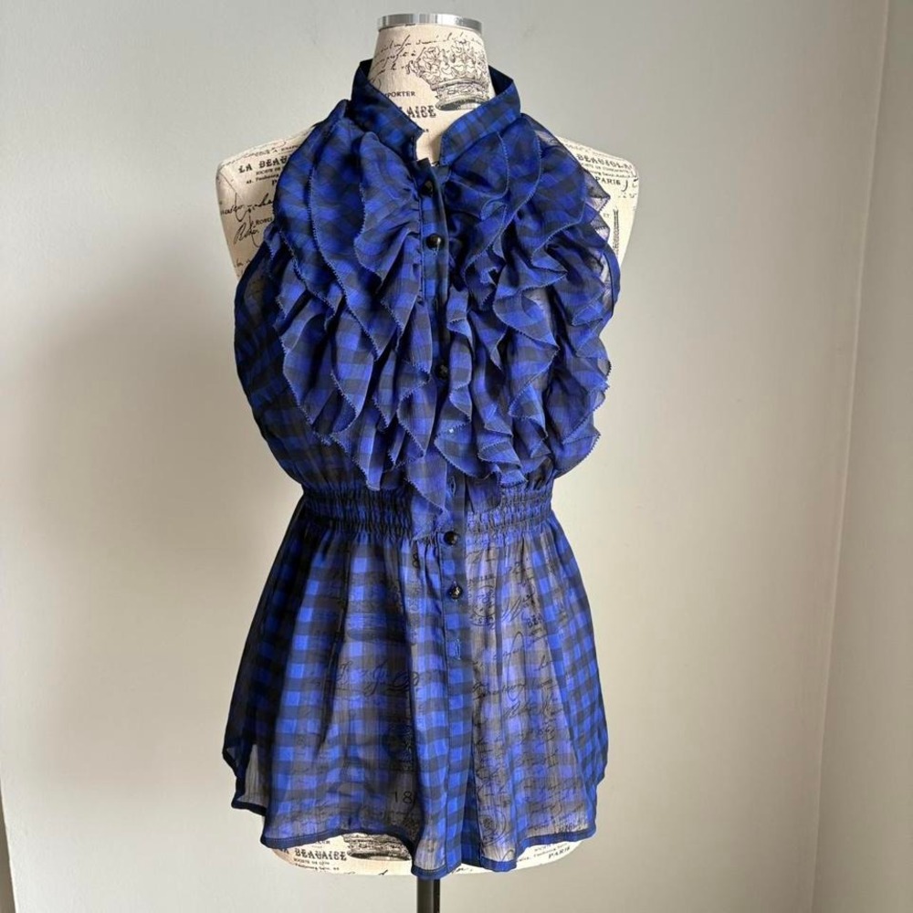 Y2K blue and black ruffled sheer blouse.